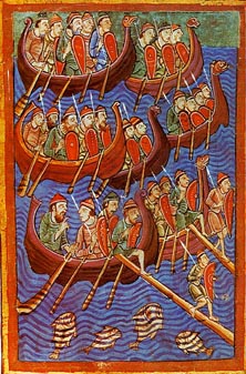 Daner landstiger i England 866 illustration ur "Miscellany on the life of St. Edmund" från 1130-talet.