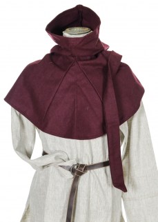 Medieval hood with liripipe in burgundy wool